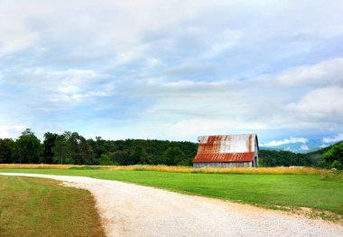 Tekli, teneke ahır Arkansas 'taki Ozarks' a tepeden bakan dağın kenarında duruyor..  