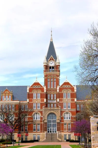 Wichita, Kansas 'taki Friends Üniversitesi bahar aylarında çiçek açan kırmızı tomurcuk ağaçları ve yeşil otlarla karşılanıyor..  