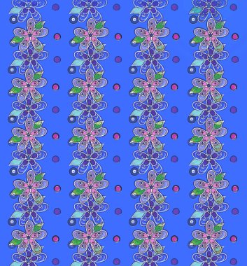 Parlak renkli çiçekler ve benekli noktalar parlak bir menekşe rengi mavi arka planda otururlar. Beyaz ile özetlendiğinde, çiçekler çapraz olarak aşağıya doğru zincir oluşturur.