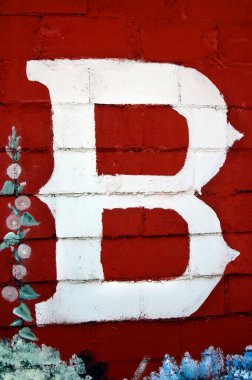 B harfi bir bordo duvara boyanmış. Çiçekler dekore eder..
