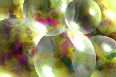 Transparent balls glittering with color float across image in colors of yellow, gold, purple and pink. clipart