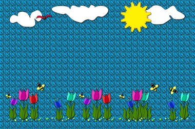 Laleler ve yaban arılarıyla işlenmiş grafiksel battaniye. Bulutlar, güneş ve yalnız kuş mavi yorganlı battaniyede bahar sahnesini tamamladı.