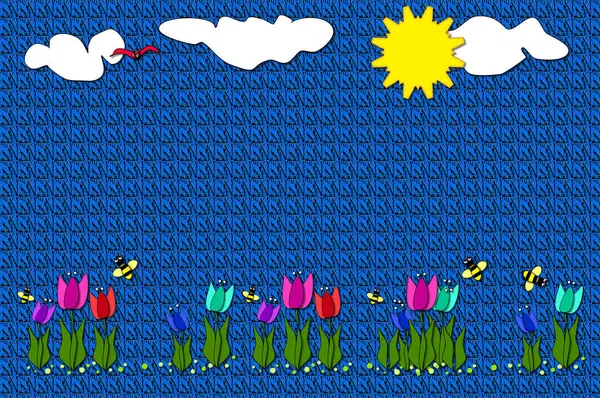 Laleler ve yaban arılarıyla işlenmiş grafiksel battaniye. Bulutlar, güneş ve yanlız kuş mavi yorganlı örtü üzerindeki bahar sahnesini tamamladı.