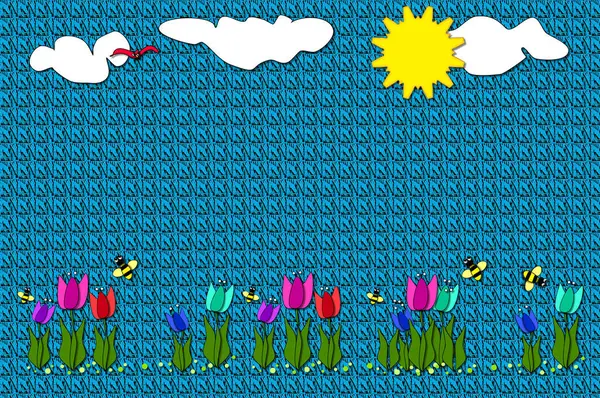 Laleler ve yaban arılarıyla işlenmiş grafiksel battaniye. Bulutlar, güneş ve yalnız kuş mavi yorganlı battaniyede bahar sahnesini tamamladı.