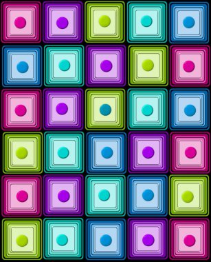 Parlak ve renkli karelerin üç renk katmanı vardır. 3 boyutlu çember ortada duruyor. Siyah arkaplanı doldurur.