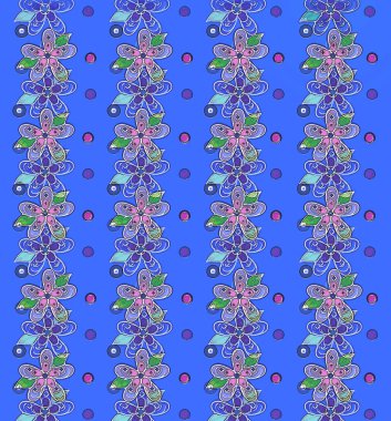 Parlak renkli çiçekler ve benekli noktalar parlak bir menekşe rengi mavi arka planda otururlar. Beyaz ile özetlendiğinde, çiçekler çapraz olarak aşağıya doğru zincir oluşturur.