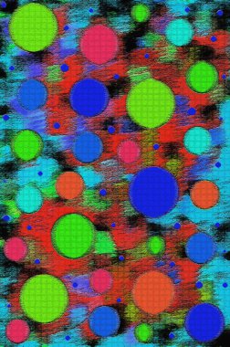 Hot colors combined with texture creates the ultimate linoleum.  Orange, blue, aqua, lime and hot pink circles dot across a mingled red, aqua and black background. clipart