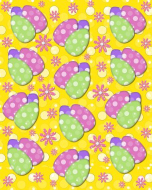 Paskalya arka planında üç tane Paskalya yumurtası ve pembe benekli papatya var. Noktalar arkaplanı doldurur.