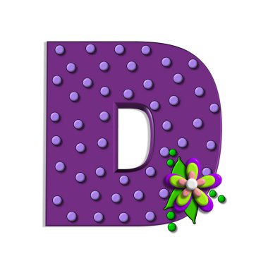 Alfabedeki D harfi üç boyutlu polka noktaları ve üç katmanlı bir çiçekle süslenmiştir. Mektuplar mor..