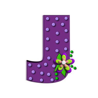 Alfabedeki J harfi üç boyutlu polka noktaları ve üç katmanlı bir çiçekle süslenmiştir. Mektuplar mor..