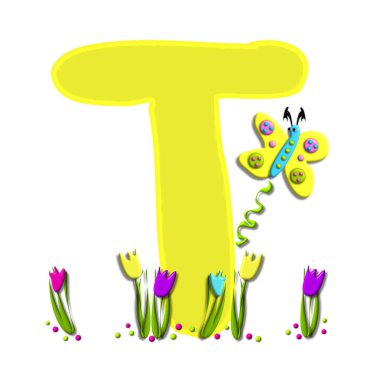 T, alfabe setinde bahar yayıldı, sarı. Mektubun alt kısmı laleler ve puantiyelerle süslenmiş. Kelebek harf etrafında çırpınır.