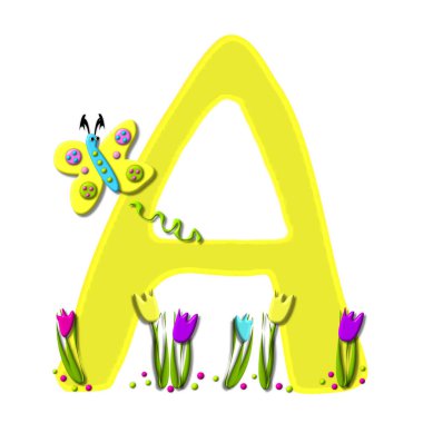 A, in the alphabet set Spring has Sprung, is yellow.  Bottom of letter is decorated with tulips and polka dots.  Butterfly flutters around letter.