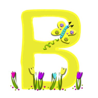 B, in the alphabet set Spring has Sprung, is yellow.  Bottom of letter is decorated with tulips and polka dots.  Butterfly flutters around letter.