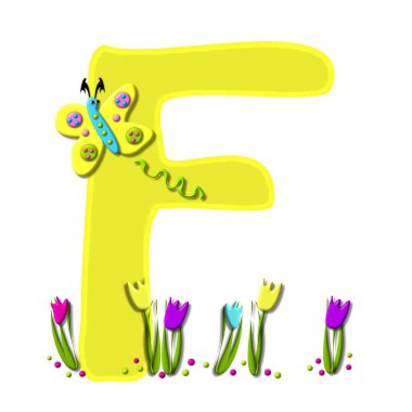 F, in the alphabet set Spring has Sprung, is yellow.  Bottom of letter is decorated with tulips and polka dots.  Butterfly flutters around letter.