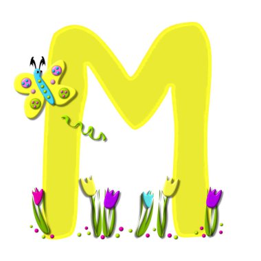 M, in the alphabet set Spring has Sprung, is yellow.  Bottom of letter is decorated with tulips and polka dots.  Butterfly flutters around letter.