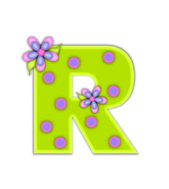 R, in the alphabet set Big Dot, is neon green with pink encircled blue dots.  Flowers in pink and blue decorate letters which are framed with an all white background.