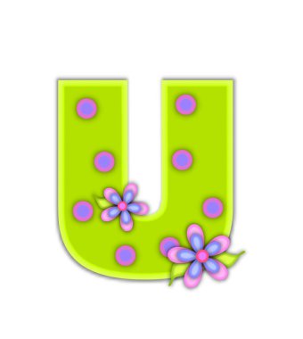 Alfabe seti Big Dot 'un U' su pembe noktalı neon yeşilidir. Tamamen beyaz arkaplan ile çerçevelenmiş pembe ve mavi süslü harflerle çiçekler..