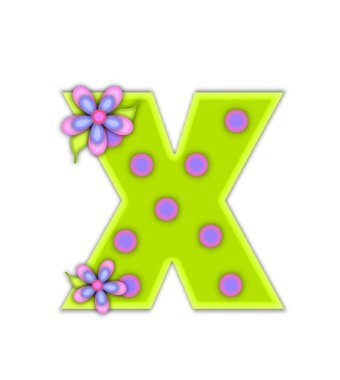 Alfabe seti Big Dot 'un X' i pembe ve mavi noktalarla çevrili neon yeşili. Tamamen beyaz arkaplan ile çerçevelenmiş pembe ve mavi süslü harflerle çiçekler..