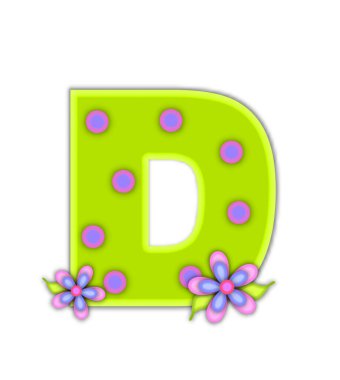 Alfabe setinin D 'si, Büyük Nokta' nın etrafı pembe mavi noktalarla çevrili neon yeşili. Tamamen beyaz arkaplan ile çerçevelenmiş pembe ve mavi süslü harflerle çiçekler..