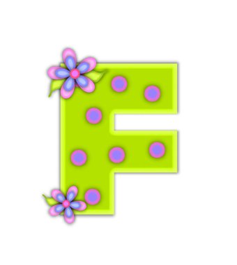 Alfabe kümesinin F 'si Büyük Nokta' dır, neon yeşilidir ve etrafı pembe mavi noktalarla çevrilidir. Tamamen beyaz arkaplan ile çerçevelenmiş pembe ve mavi süslü harflerle çiçekler..