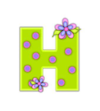 Alfabe seti Big Dot 'un H' si pembe noktalı neon yeşilidir. Tamamen beyaz arkaplan ile çerçevelenmiş pembe ve mavi süslü harflerle çiçekler..
