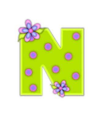 N, alfabe seti Big Dot, pembe mavi noktalı neon yeşili. Tamamen beyaz arkaplan ile çerçevelenmiş pembe ve mavi süslü harflerle çiçekler..