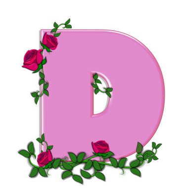 Alfabedeki D harfi, Utangaç Güller, yumuşak pembedir. Tırmanan sarmaşıklar güzel kırmızı güllerle mektuba ve çiçeğe sarılıyorlar..