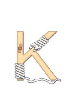 Alphabet letter K, in the set Boo Boo, is tan to represent the color of skin.  Each letter is bandaged and has bandaids applied.  Strips of guaze and scissors also decorate letters. clipart