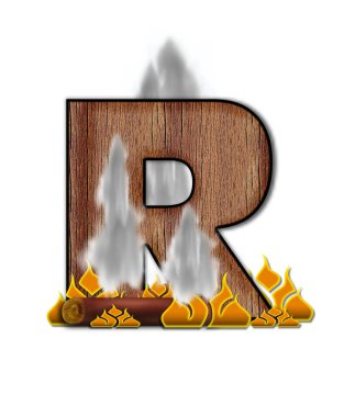 R harfi alfabe alfabesindeki yanma alevler ve dumanla çevrili bir kereste parçası gibi görünmesi için yaratıldı. Tahta taneli harf siyah ile özetlenmiş..