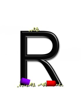 R, alfabe set kapsül iyileştirme, çok renkli kapsüller vardır. Küçük tıbbi bileşik boncukları siyah alfabe harflerinin içine ve etrafına saçılmış..