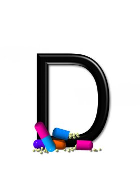 D, alfabe set kapsül iyileştirme, çok renkli kapsüller vardır. Küçük tıbbi bileşik boncukları siyah alfabe harflerinin içine ve etrafına saçılmış..