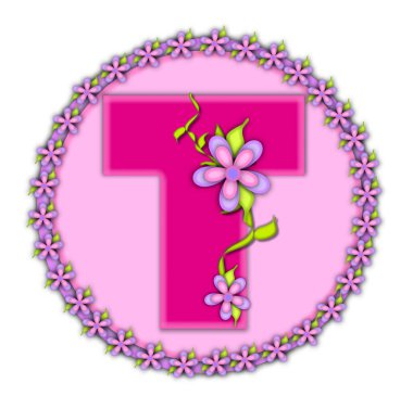 Alfabedeki T harfi Daisy Chain 'i belirledi. Yumuşak pembe. Mektup yuvarlak bir çemberin üzerinde, bir papatya çemberiyle birlikte duruyor. Mektuplar asma ve çiçeklerle de süslenir..