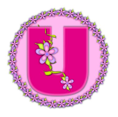 Alfabedeki U harfi Daisy Chain 'i belirledi. Yumuşak pembe. Mektup yuvarlak bir çemberin üzerinde, bir papatya çemberiyle birlikte duruyor. Mektuplar asma ve çiçeklerle de süslenir..