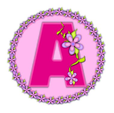 Alfabedeki A harfi Daisy Chain 'i belirledi. Yumuşak pembe. Mektup yuvarlak bir çemberin üzerinde, bir papatya çemberiyle birlikte duruyor. Mektuplar asma ve çiçeklerle de süslenir..