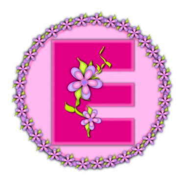 The letter E, in the alphabet set Daisy Chain, is soft pink.  Letter sits on round circle outlined with a circle of daisies.  Letters are also decorated with climbing vines and flowers.