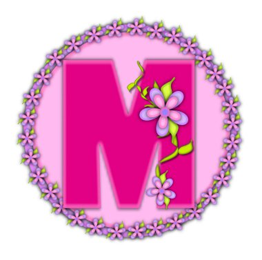 Alfabedeki M harfi Daisy Chain 'i belirledi. Yumuşak pembe. Mektup yuvarlak bir çemberin üzerinde, bir papatya çemberiyle birlikte duruyor. Mektuplar asma ve çiçeklerle de süslenir..