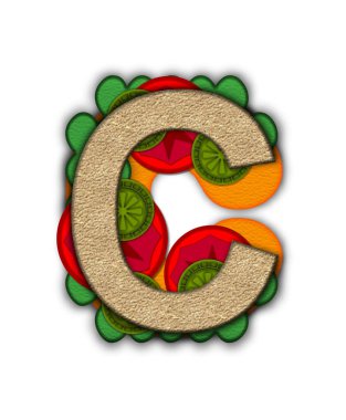 Alfabedeki C harfi, Deli Lunch 'ı hazırlıyor. İçinde peynir, domates ve turşu katmanları olan ekmeği andırıyor..