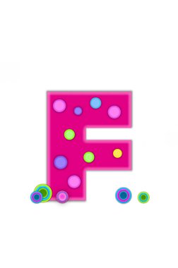 Alfabedeki F harfi, noktalar, açık pembe çizgili sıcak pembedir. Harf yüzeye dağılmış renkli noktalar var. Çok renkli daireler harf tabanında otururlar.