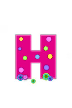 Alfabedeki H harfi, Dots, açık pembe çizgili sıcak pembe. Harf yüzeye dağılmış renkli noktalar var. Çok renkli daireler harf tabanında otururlar.