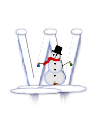 The letter W, in the alphabet set Frosty, is a white icy letter covered in snow drifts.  A snowman decorates letter and is holding colorful Christmas ornaments. clipart