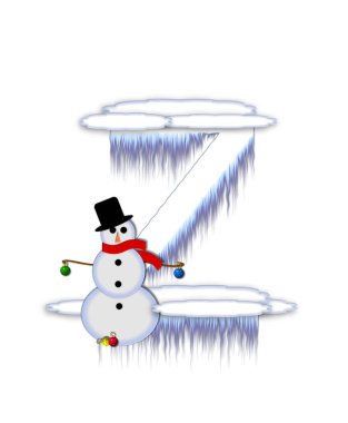 The letter Z, in the alphabet set Frosty, is a white icy letter covered in snow drifts.  A snowman decorates letter and is holding colorful Christmas ornaments. clipart