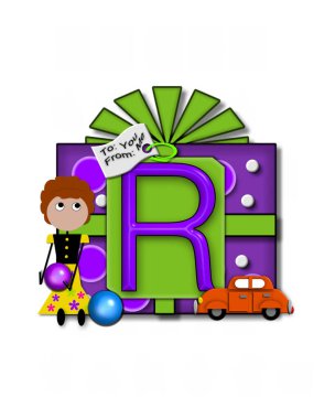 The letter R, in the alphabet set Gift Packaged, sits on a large gift tag on a brightly wrapped package.  Eyes are peaping from the letter and a smaller white tag says 