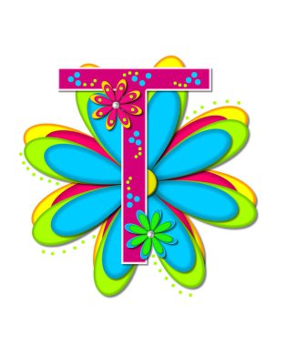 Alfabedeki T harfi Hippi Çiçek Gücü 'nü oluşturur. Sıcak pembe ve beyazla özetlenir. Mektup, canlı ve sıcak renklerde büyük katmanlı bir Daisy 'nin üzerinde duruyor. Her harfi küçük papatyalar süslüyor..