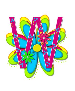 Alfabedeki W harfi Hippi Çiçek Gücü 'nü oluşturur. Sıcak pembe ve beyazla özetlenir. Mektup, canlı ve sıcak renklerde büyük katmanlı bir Daisy 'nin üzerinde duruyor. Her harfi küçük papatyalar süslüyor..