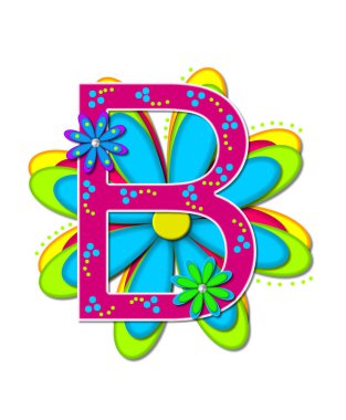 Alfabedeki B harfi Hippi Çiçek Gücü 'nü oluşturur. Sıcak pembe ve beyazla özetlenmiştir. Mektup, canlı ve sıcak renklerde büyük katmanlı bir Daisy 'nin üzerinde duruyor. Her harfi küçük papatyalar süslüyor..