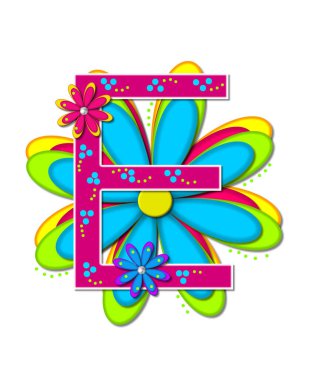 Alfabedeki E harfi Hippi Çiçek Gücü 'nü oluşturur. Sıcak pembe ve beyazla özetlenir. Mektup, canlı ve sıcak renklerde büyük katmanlı bir Daisy 'nin üzerinde duruyor. Her harfi küçük papatyalar süslüyor..