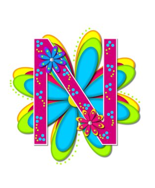 Alfabedeki N harfi Hippi Çiçek Gücü 'nü oluşturur. Sıcak pembe ve beyazla özetlenir. Mektup, canlı ve sıcak renklerde büyük katmanlı bir Daisy 'nin üzerinde duruyor. Her harfi küçük papatyalar süslüyor..