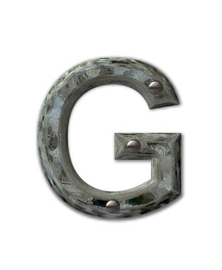Alfabedeki G harfi Metal Grunge, 3D vidalarla tutturulmuş endüstriyel çeliktir. Mektup kirli ve pis..