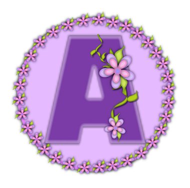 Alfabedeki A harfi, Petite Floral seti, yumuşak leylak rengidir. Sarmaşıklara ve çiçeklere tırmanıyor leylak harfine sarılıyorlar..