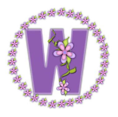 Alfabedeki W harfi, Petite Ring of Taals, yumuşak leylak rengidir ve bir papatya çemberiyle çevrilidir. Sarmaşıklara ve çiçeklere tırmanıyor beyaz bir arkaplanda leylak harfine sarılıyorlar..